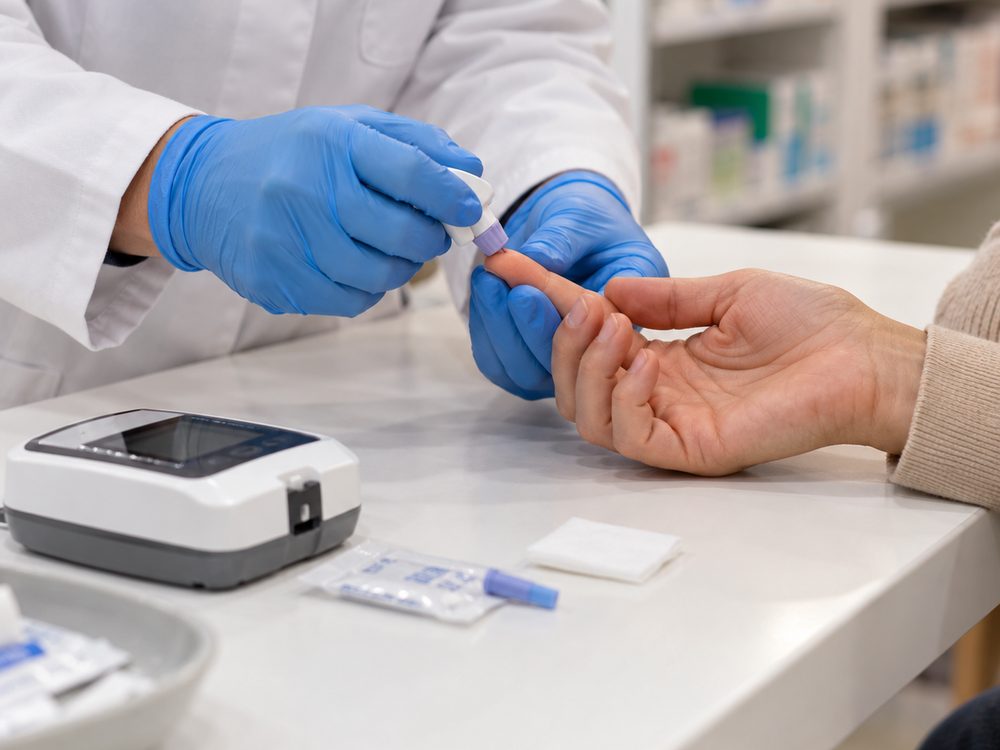 Farmacista che preleva una goccia di sangue dal dito